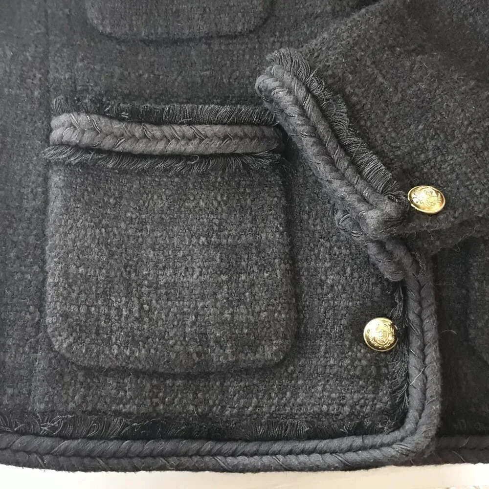 J. Crew Black Fringed Braided Wool Blend Tweed Lady Jacket 12 Minimalist Classic